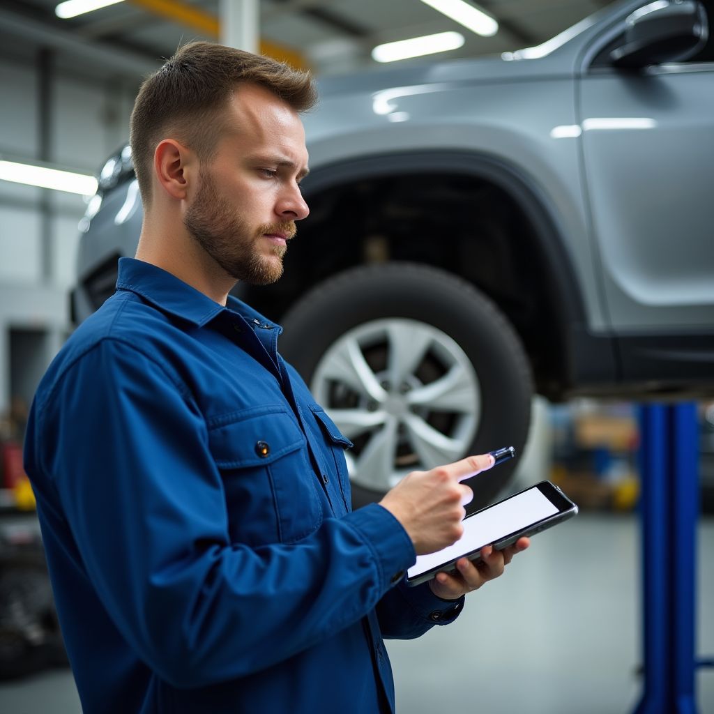 Mechanic using AutoMaster tablet app to track repairs